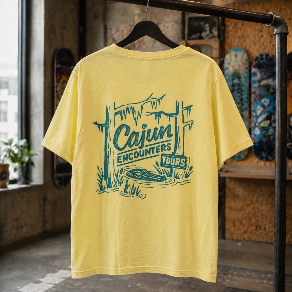 Cajun Encounters Tours Graphic T-Shirt Mens Medium Yellow Teal Retro Tee M‎